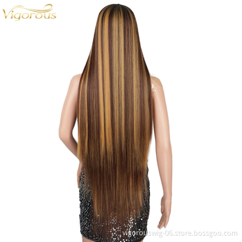 Vigorous 40 Inch Brown Colored Highlight Wig Glueless Lace Front Synthetic Hair Wigs Pre Plucked Straight Wig